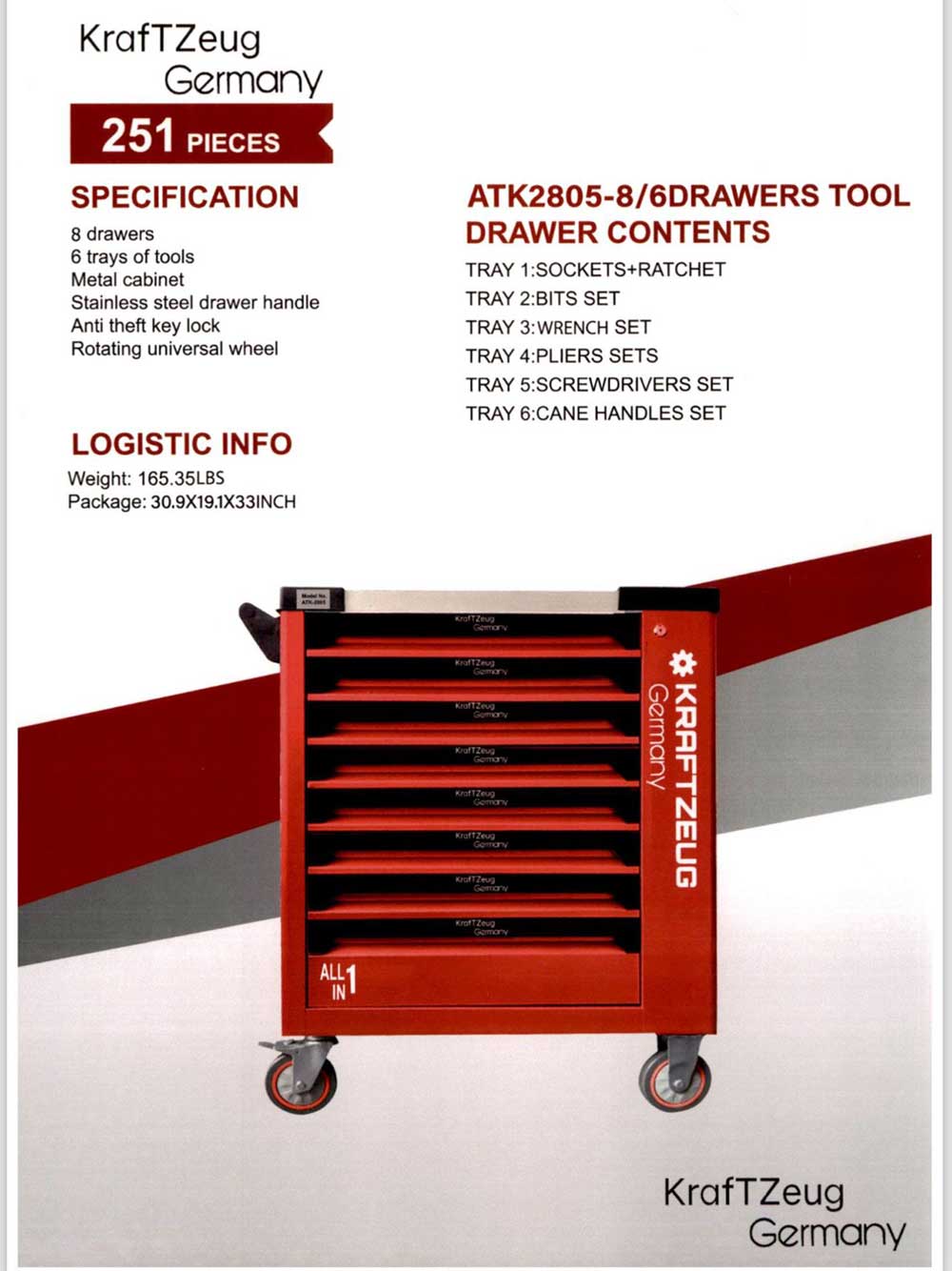 251 Piece Tool Cabinet Complete With Red Tools, 8 Drawer Tool Chest